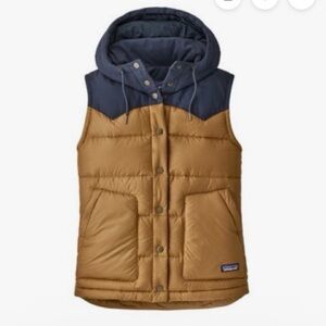 Patagonia Hooded Bivy Down Vest, Women’s medium, nest brown/navy